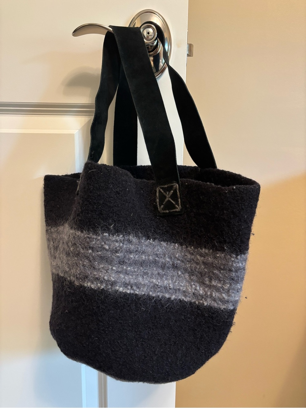 Black & Gray Wool Felt Tote Bag with Suede Straps